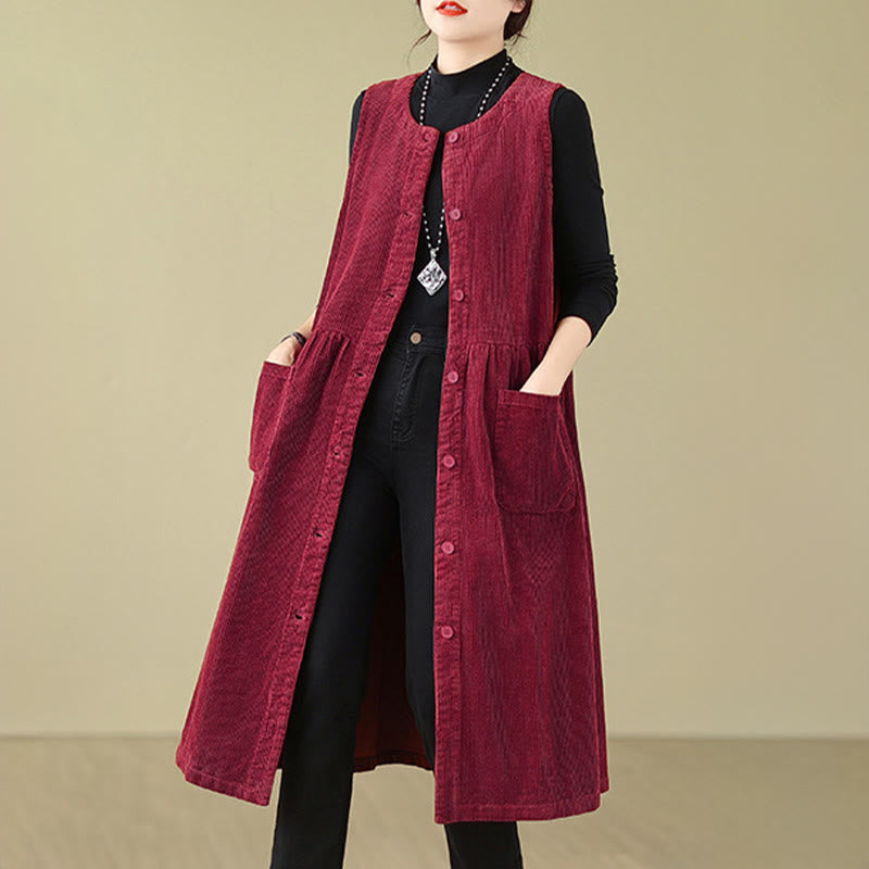 Buddha Stones – Ärmelloses Midikleid aus Baumwollcord im Retro-Knopfdesign mit Taschen - image 23