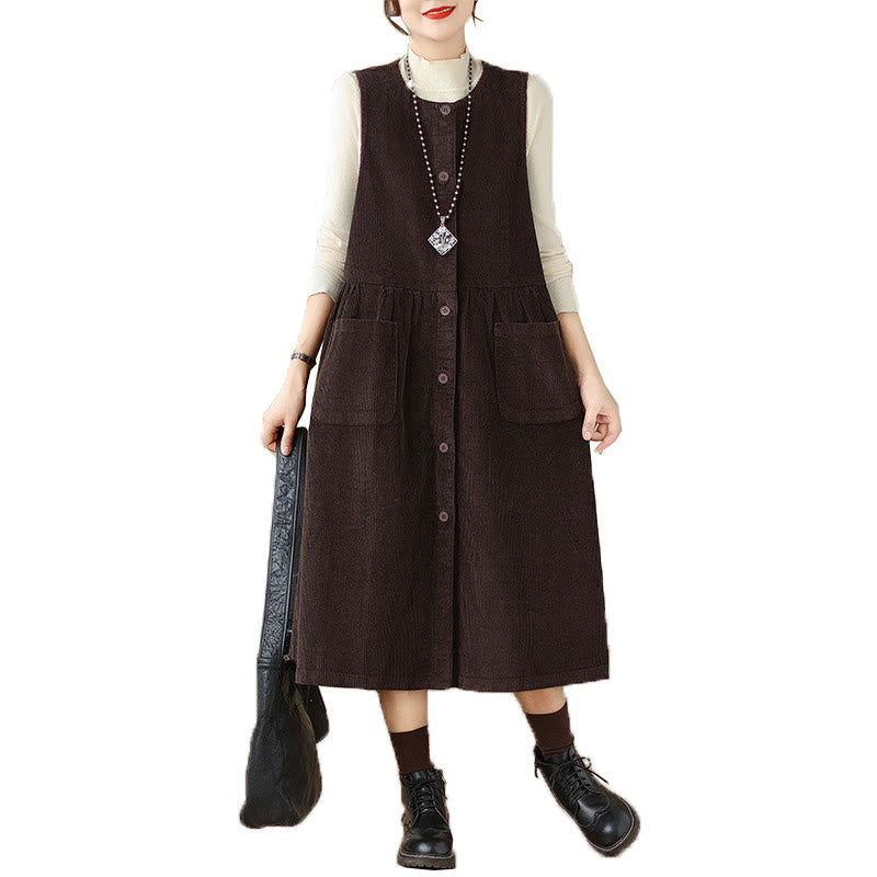 Buddha Stones – Ärmelloses Midikleid aus Baumwollcord im Retro-Knopfdesign mit Taschen - image 5