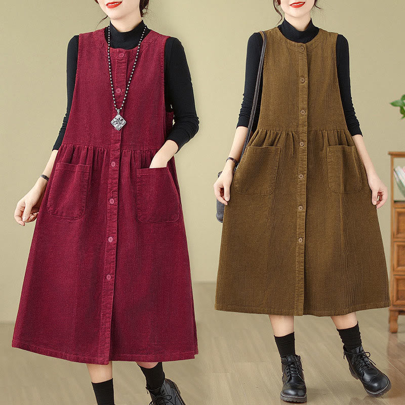 Buddha Stones – Ärmelloses Midikleid aus Baumwollcord im Retro-Knopfdesign mit Taschen - image 25