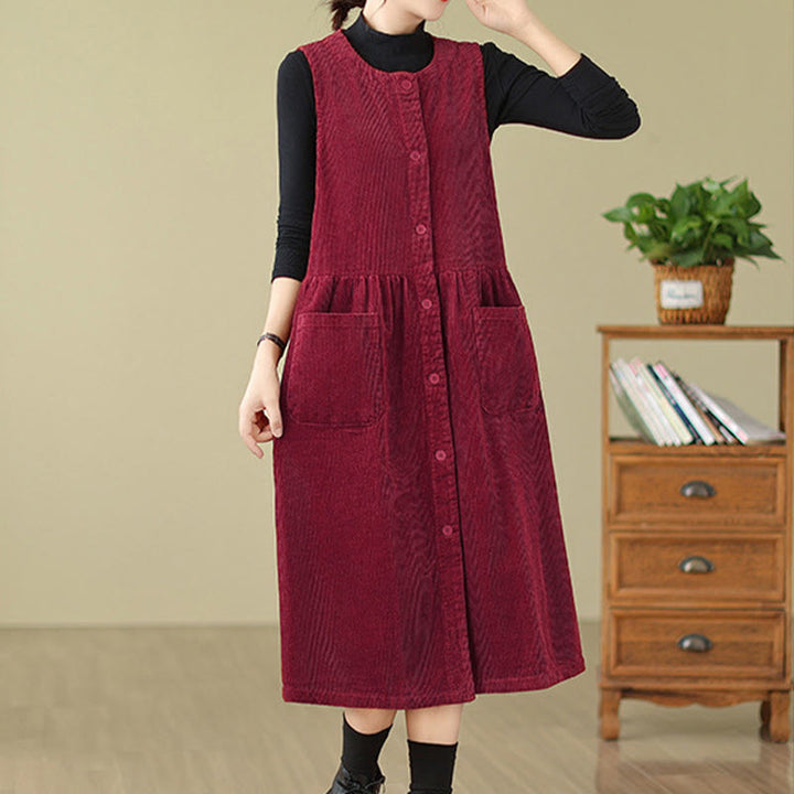 Buddha Stones – Ärmelloses Midikleid aus Baumwollcord im Retro-Knopfdesign mit Taschen - image 22