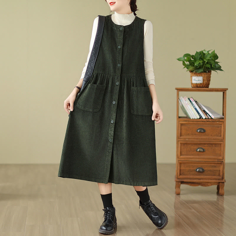 Buddha Stones – Ärmelloses Midikleid aus Baumwollcord im Retro-Knopfdesign mit Taschen - Dunkelgrün - US12， UK/AU16，EU44 (3XL) - image 6