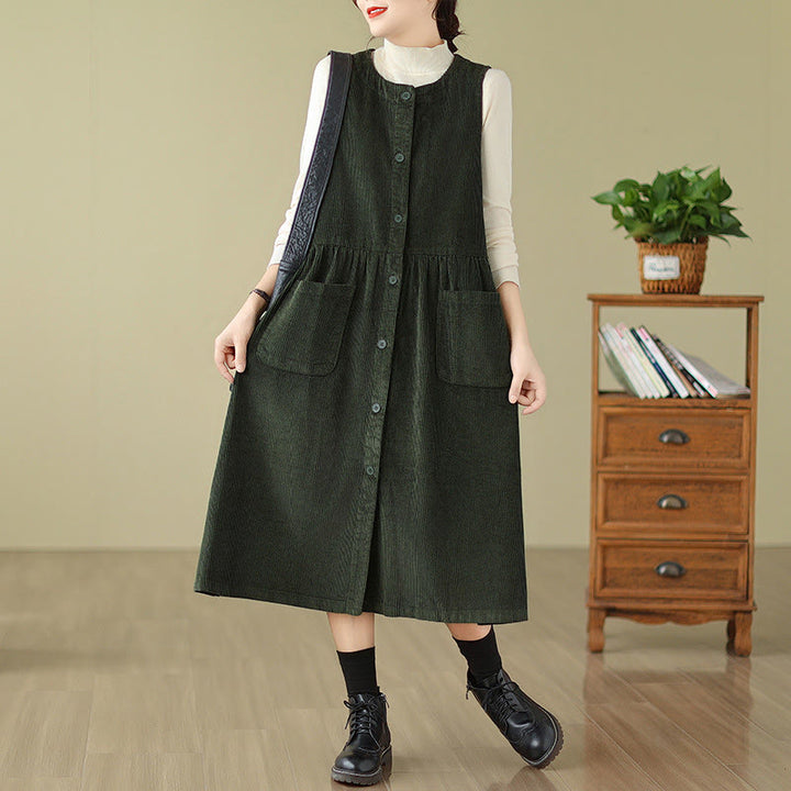 Buddha Stones – Ärmelloses Midikleid aus Baumwollcord im Retro-Knopfdesign mit Taschen - Dunkelgrün - US12， UK/AU16，EU44 (3XL) - image 6