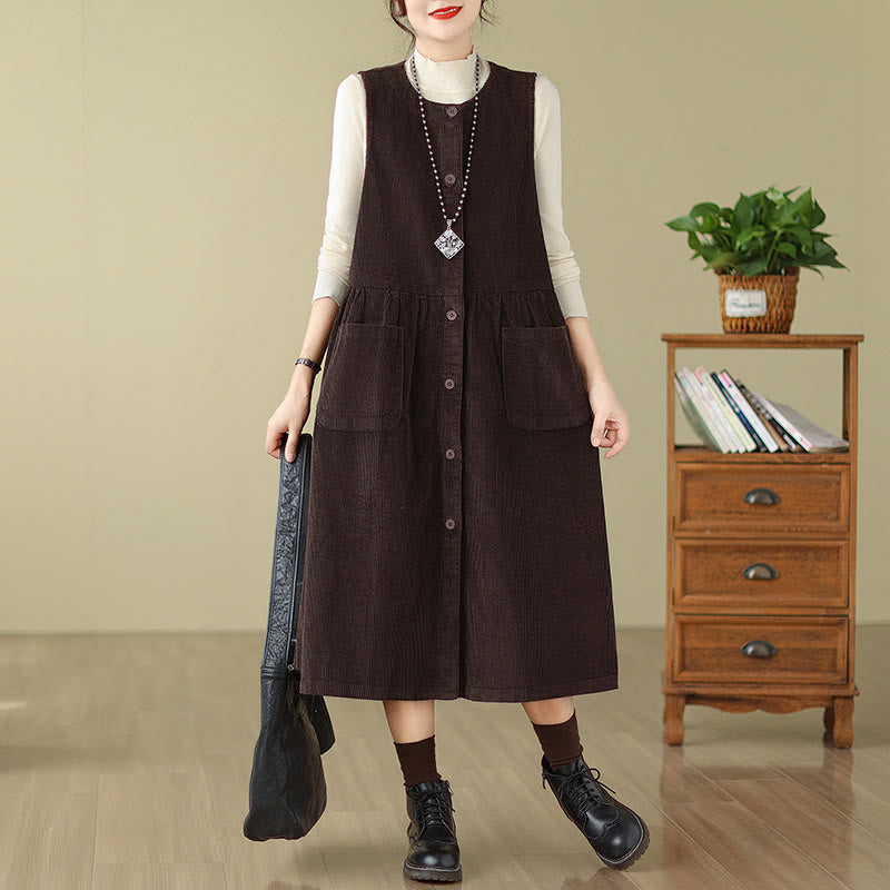 Buddha Stones – Ärmelloses Midikleid aus Baumwollcord im Retro-Knopfdesign mit Taschen - Sattelbraun - US12， UK/AU16，EU44 (3XL) - image 0