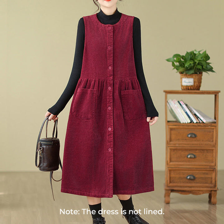 Buddha Stones – Ärmelloses Midikleid aus Baumwollcord im Retro-Knopfdesign mit Taschen - image 21