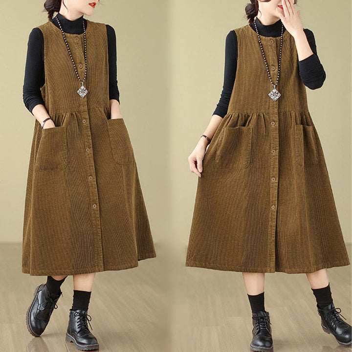 Buddha Stones – Ärmelloses Midikleid aus Baumwollcord im Retro-Knopfdesign mit Taschen - image 17