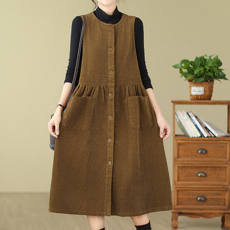 Buddha Stones – Ärmelloses Midikleid aus Baumwollcord im Retro-Knopfdesign mit Taschen - image 16
