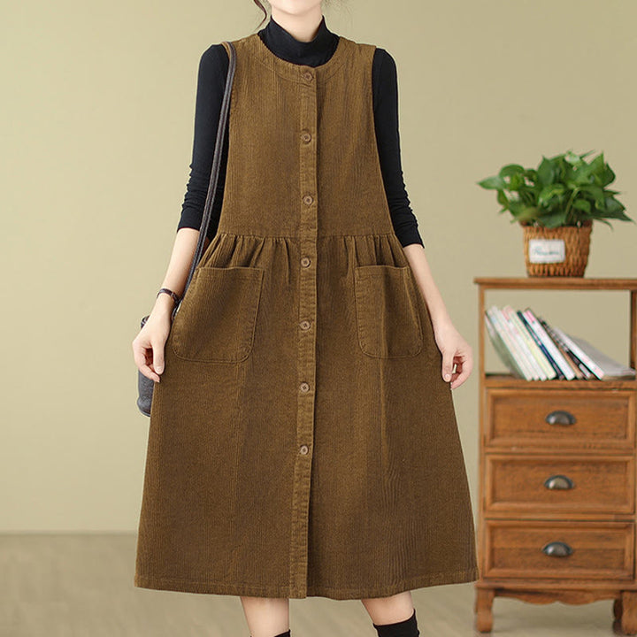 Buddha Stones – Ärmelloses Midikleid aus Baumwollcord im Retro-Knopfdesign mit Taschen - image 16