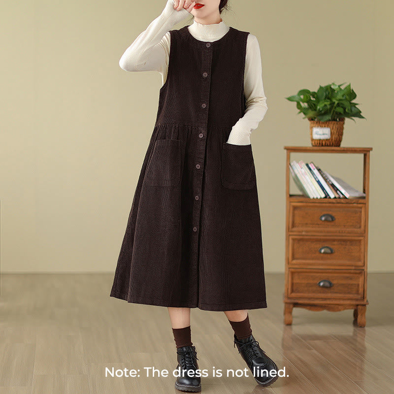 Buddha Stones – Ärmelloses Midikleid aus Baumwollcord im Retro-Knopfdesign mit Taschen - image 1