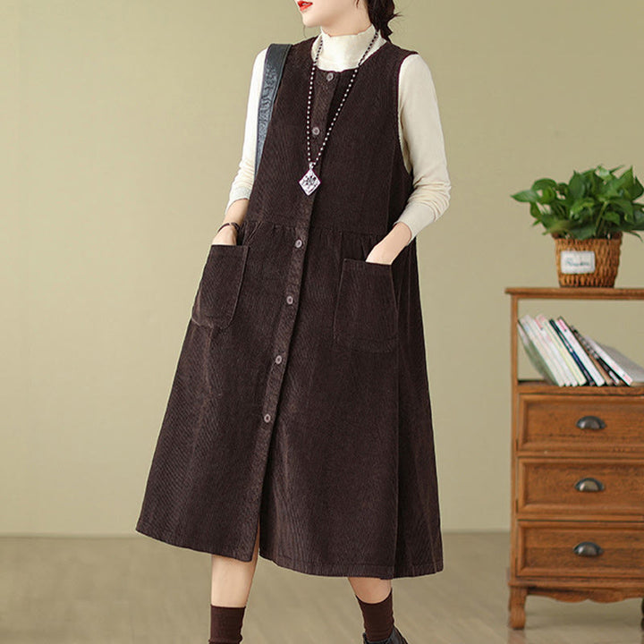 Buddha Stones – Ärmelloses Midikleid aus Baumwollcord im Retro-Knopfdesign mit Taschen - image 2