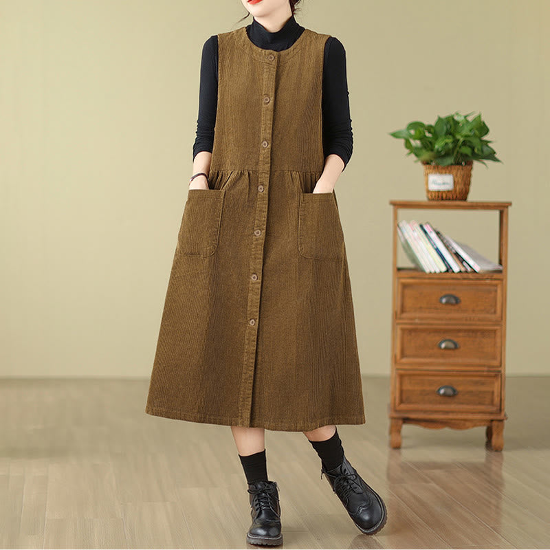 Buddha Stones – Ärmelloses Midikleid aus Baumwollcord im Retro-Knopfdesign mit Taschen - image 15