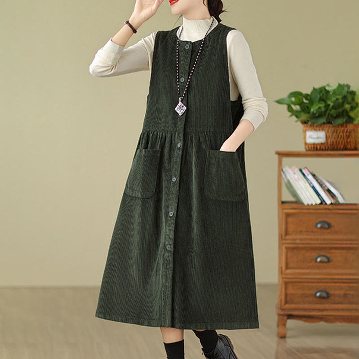 Buddha Stones – Ärmelloses Midikleid aus Baumwollcord im Retro-Knopfdesign mit Taschen - image 8