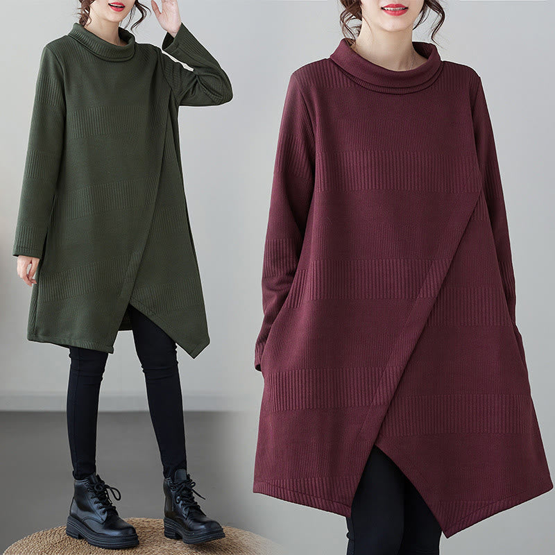 Buddha Stones Winter-Midikleid aus Baumwolle mit unregelmäßigem Saum und Stehkragen und langen Ärmeln und Taschen - image 11