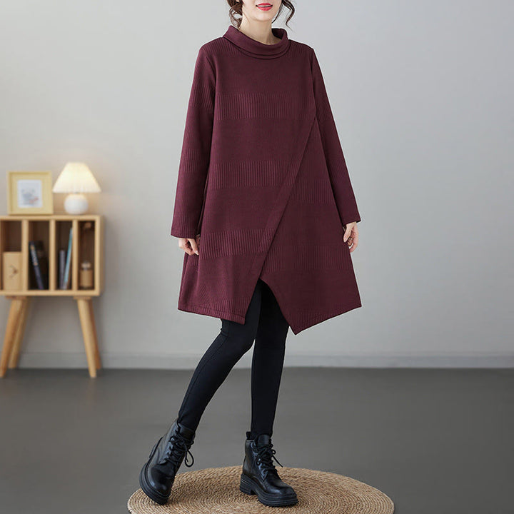 Buddha Stones Winter-Midikleid aus Baumwolle mit unregelmäßigem Saum und Stehkragen und langen Ärmeln und Taschen - image 5