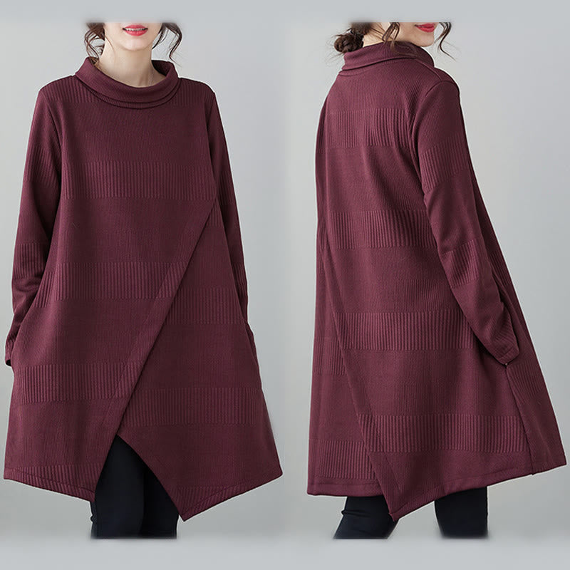 Buddha Stones Winter-Midikleid aus Baumwolle mit unregelmäßigem Saum und Stehkragen und langen Ärmeln und Taschen - image 10
