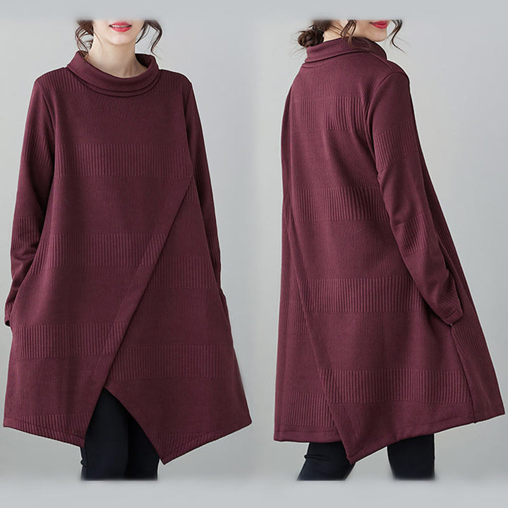 Buddha Stones Winter-Midikleid aus Baumwolle mit unregelmäßigem Saum und Stehkragen und langen Ärmeln und Taschen - image 10
