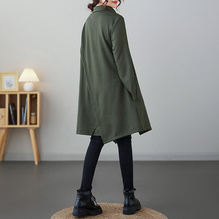 Buddha Stones Winter-Midikleid aus Baumwolle mit unregelmäßigem Saum und Stehkragen und langen Ärmeln und Taschen - image 1