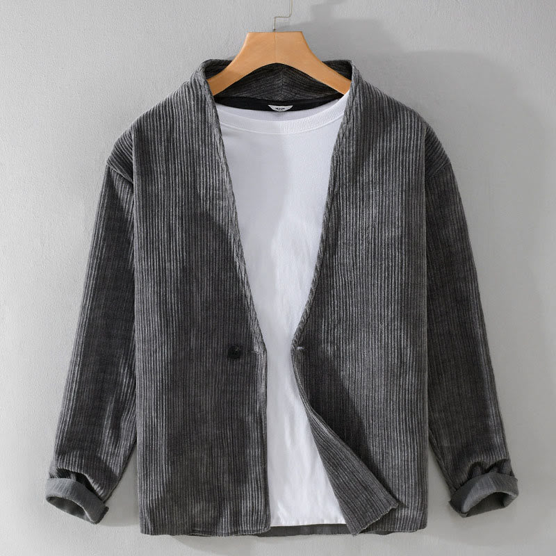 Buddha Stones Commute V-Ausschnitt Einfaches geripptes Texturdesign Langarm Herrenjacke - image 1
