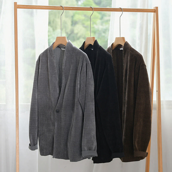 Buddha Stones Commute V-Ausschnitt Einfaches geripptes Texturdesign Langarm Herrenjacke - image 18