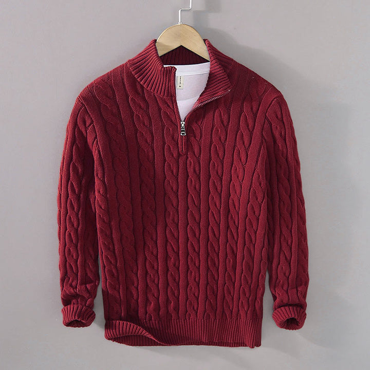 Buddha Stones Winter Strukturierter Herren-Langarmpullover aus Baumwolle mit hohem Kragen und Reißverschluss - Dunkelrot - US/ UK/AU42, EU52 (3XL) - image 1