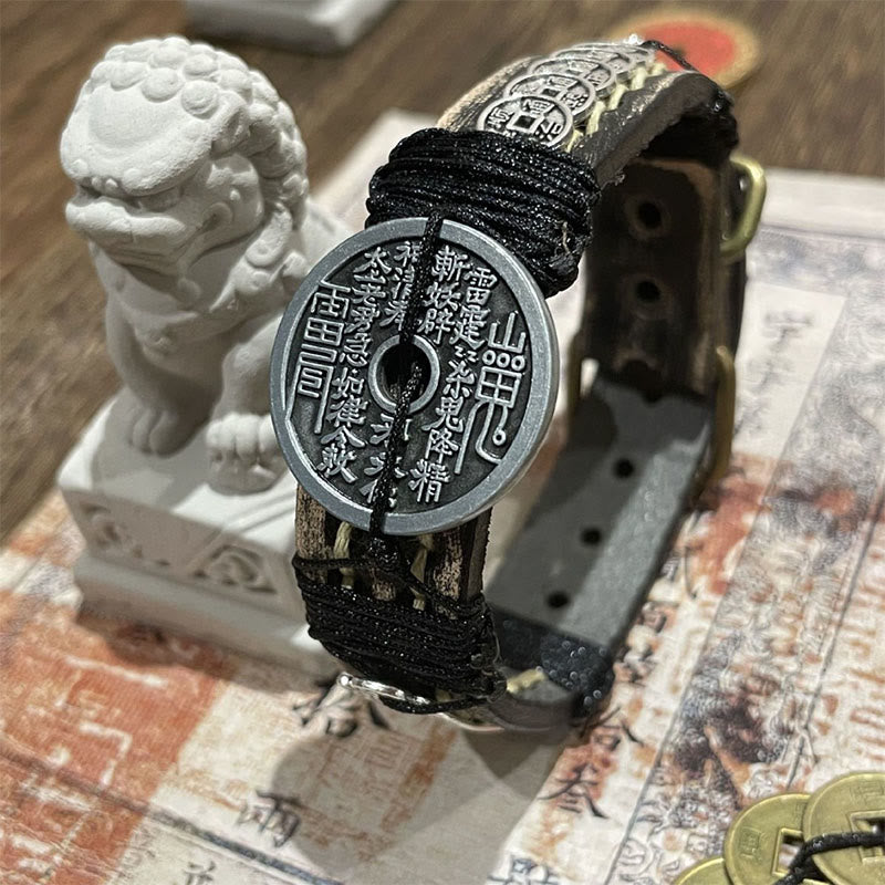 Buddha Stones ​​Fünf-Kaiser-Münzen Berggeister Geld ausgeben Glück Lederarmband  - Fünf Kaisermünzen (Handgelenkumfang: 15–18 cm) - image 0