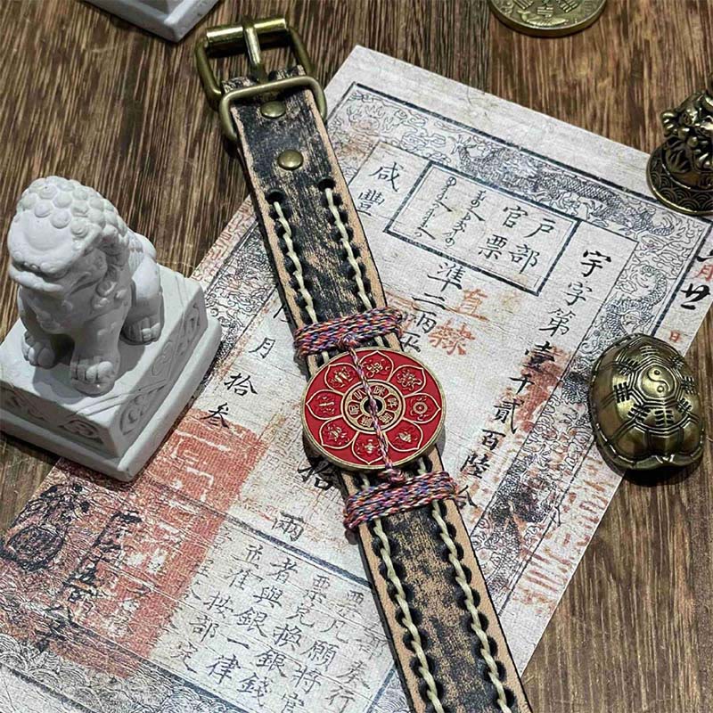 Buddha Stones ​​Zinnober Lotus Om Mani Padme Hum Segen Leder Uhrenarmband  - image 3