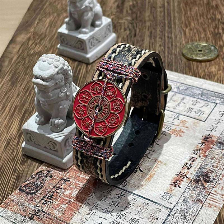 Buddha Stones ​​Zinnober Lotus Om Mani Padme Hum Segen Leder Uhrenarmband  - Om Mani Padme Hum & Zinnober (Handgelenkumfang: 15–18 cm) - image 0