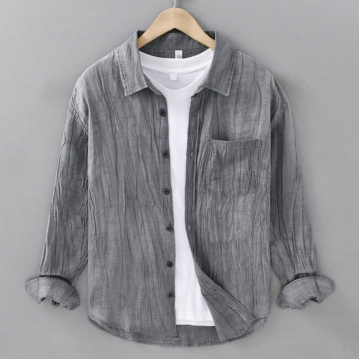 Buddha Stones Solid Langarm Stehkragen Falten Button Down Ramie Leinen Herrenhemden - Grau - US/ UK/AU42，EU52 (3XL) - image 4
