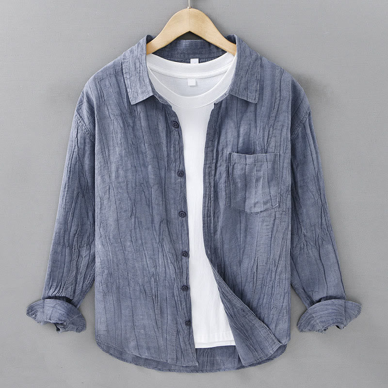 Buddha Stones Solid Langarm Stehkragen Falten Button Down Ramie Leinen Herrenhemden - Hellstahlblau - US/ UK/AU42，EU52 (3XL) - image 0