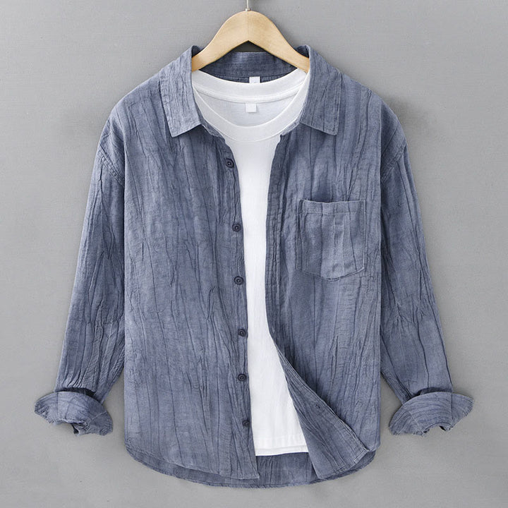 Buddha Stones Solid Langarm Stehkragen Falten Button Down Ramie Leinen Herrenhemden - Hellstahlblau - US/ UK/AU42，EU52 (3XL) - image 0