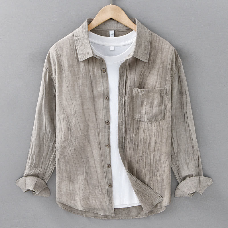 Buddha Stones Solid Langarm Stehkragen Falten Button Down Ramie Leinen Herrenhemden - Leinen - US/ UK/AU42，EU52 (3XL) - image 12