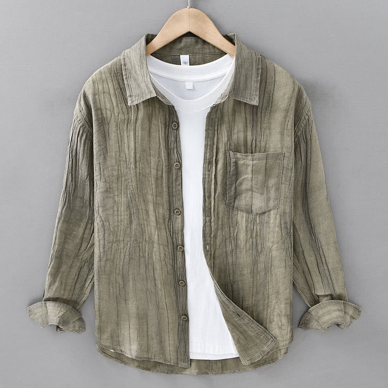 Buddha Stones Solid Langarm Stehkragen Falten Button Down Ramie Leinen Herrenhemden - DunkelKhaki - US/ UK/AU42，EU52 (3XL) - image 8