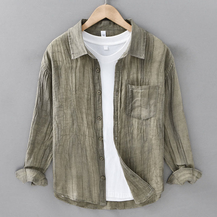 Buddha Stones Solid Langarm Stehkragen Falten Button Down Ramie Leinen Herrenhemden - DunkelKhaki - US/ UK/AU42，EU52 (3XL) - image 8