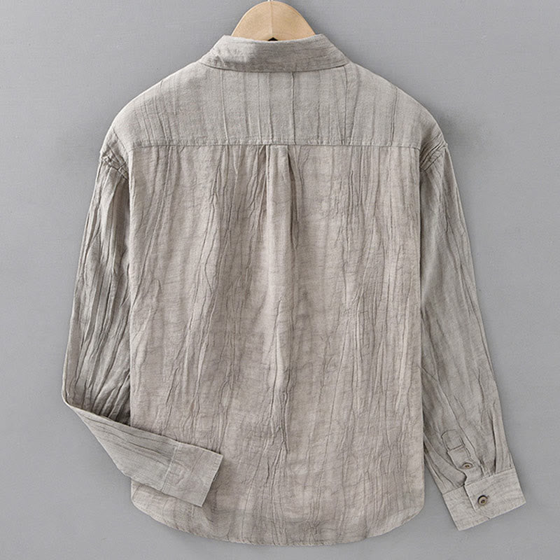 Buddha Stones Solid Langarm Stehkragen Falten Button Down Ramie Leinen Herrenhemden - image 13