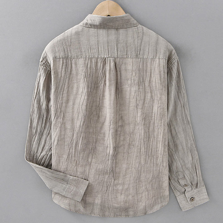 Buddha Stones Solid Langarm Stehkragen Falten Button Down Ramie Leinen Herrenhemden - image 13
