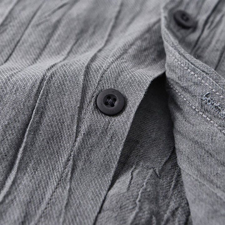 Buddha Stones Solid Langarm Stehkragen Falten Button Down Ramie Leinen Herrenhemden - image 6