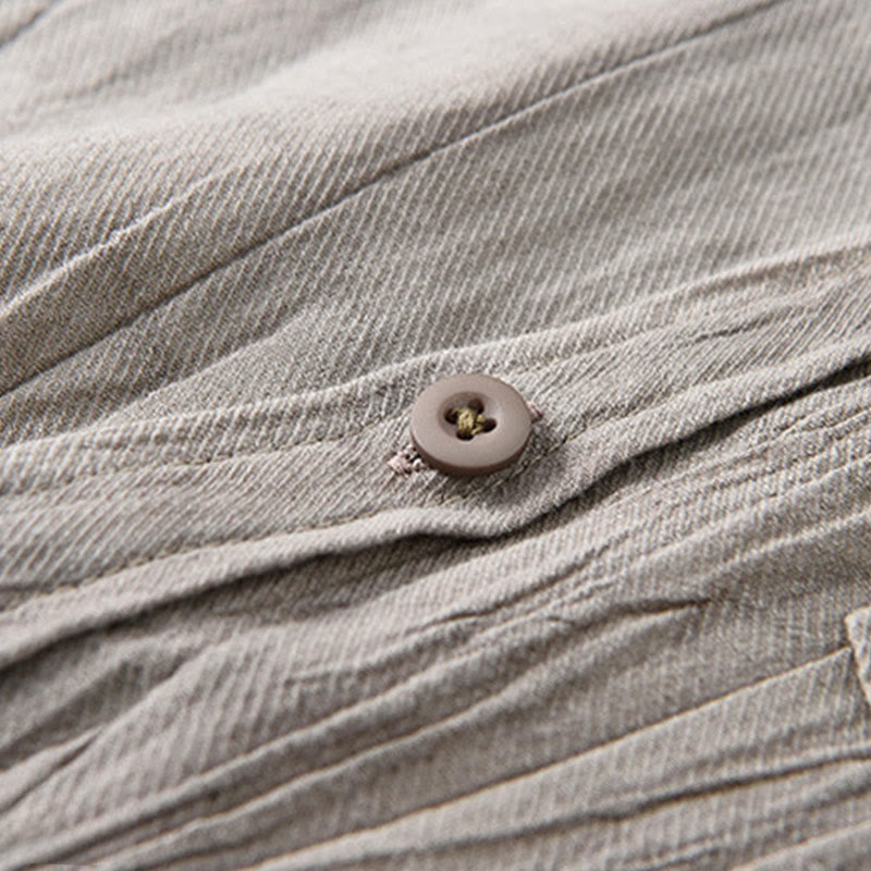 Buddha Stones Solid Langarm Stehkragen Falten Button Down Ramie Leinen Herrenhemden - image 15
