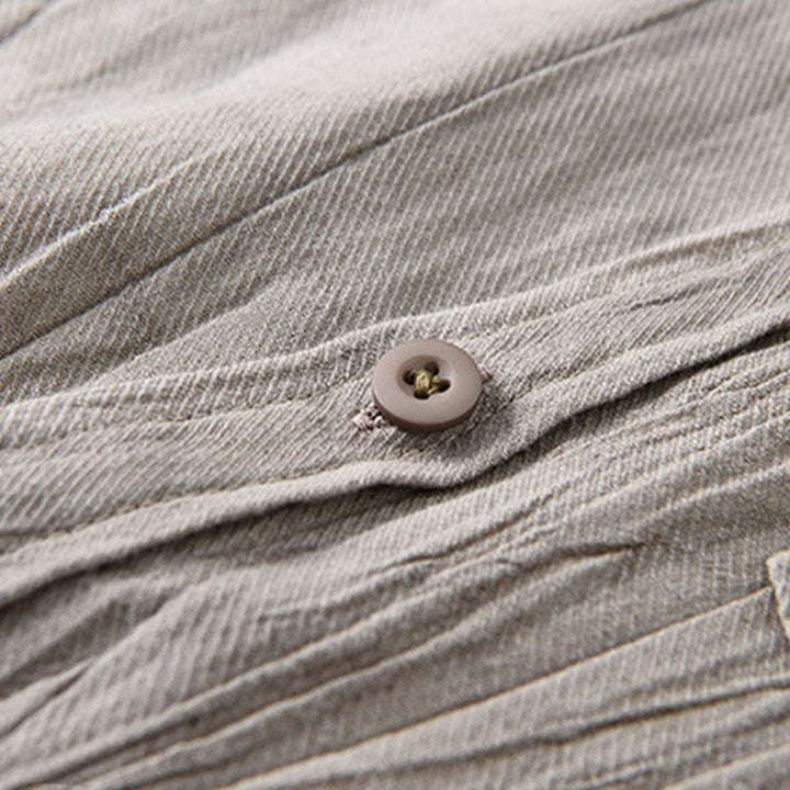 Buddha Stones Solid Langarm Stehkragen Falten Button Down Ramie Leinen Herrenhemden - image 15