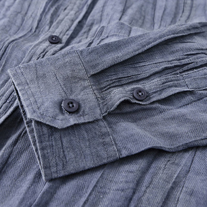 Buddha Stones Solid Langarm Stehkragen Falten Button Down Ramie Leinen Herrenhemden - image 3