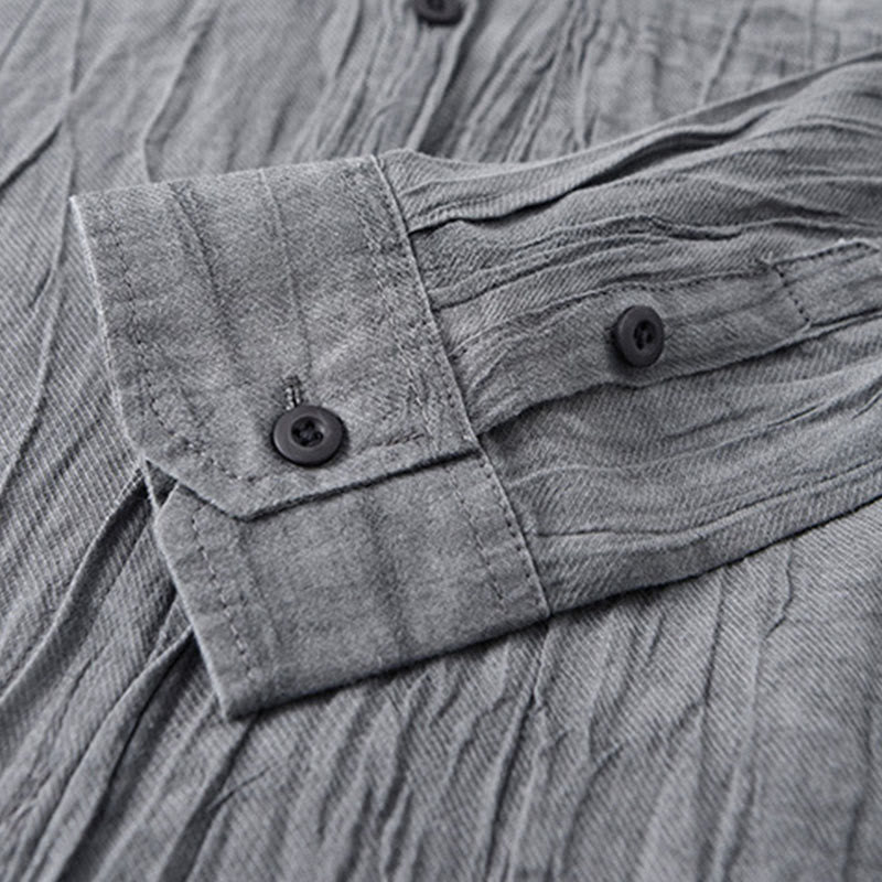 Buddha Stones Solid Langarm Stehkragen Falten Button Down Ramie Leinen Herrenhemden - image 7