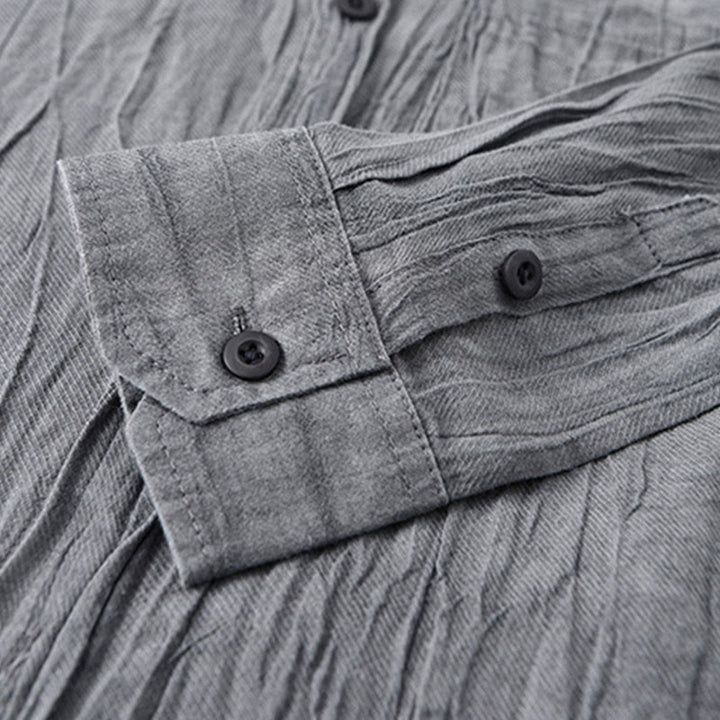 Buddha Stones Solid Langarm Stehkragen Falten Button Down Ramie Leinen Herrenhemden - image 7