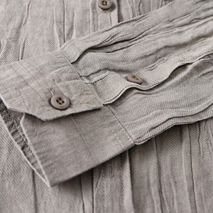 Buddha Stones Solid Langarm Stehkragen Falten Button Down Ramie Leinen Herrenhemden - image 17