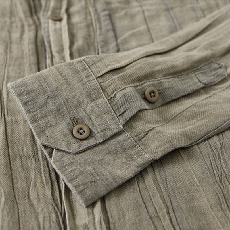 Buddha Stones Solid Langarm Stehkragen Falten Button Down Ramie Leinen Herrenhemden - image 10