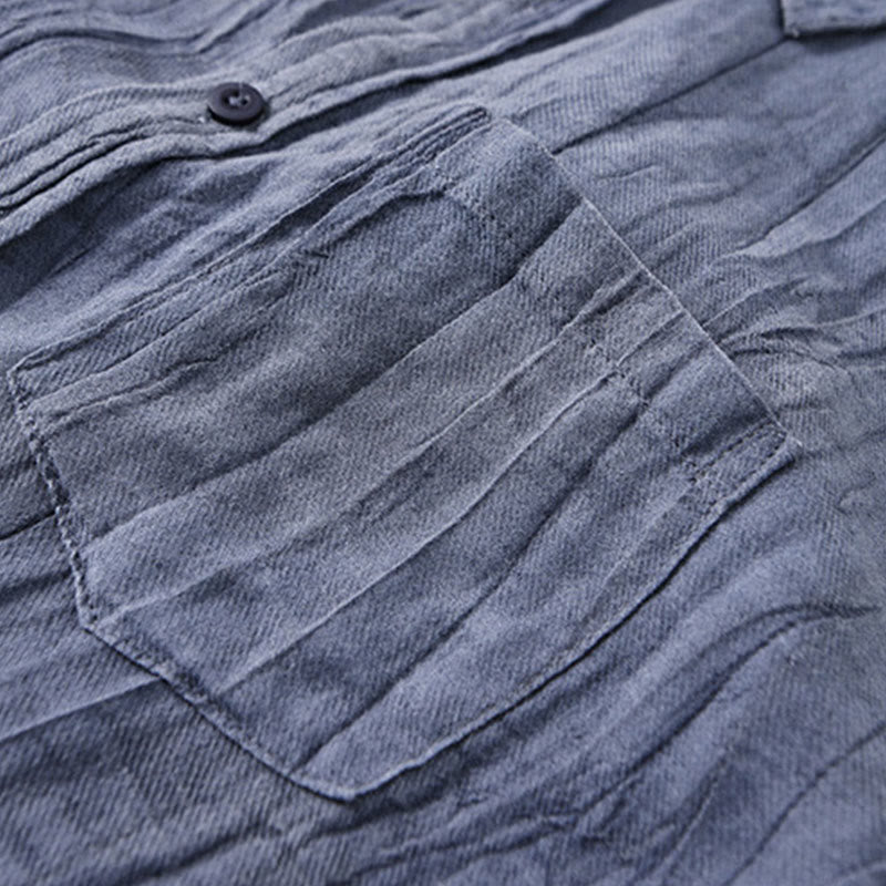 Buddha Stones Solid Langarm Stehkragen Falten Button Down Ramie Leinen Herrenhemden - image 2