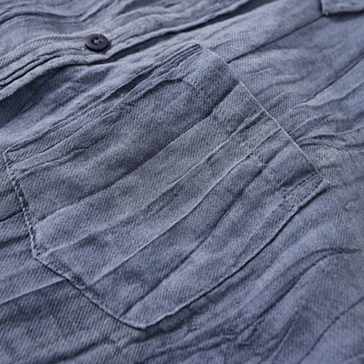 Buddha Stones Solid Langarm Stehkragen Falten Button Down Ramie Leinen Herrenhemden - image 2