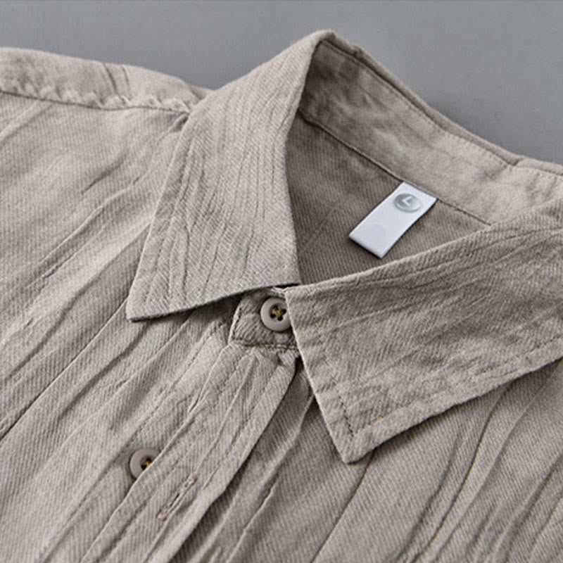 Buddha Stones Solid Langarm Stehkragen Falten Button Down Ramie Leinen Herrenhemden - image 14