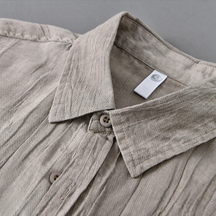 Buddha Stones Solid Langarm Stehkragen Falten Button Down Ramie Leinen Herrenhemden - image 14