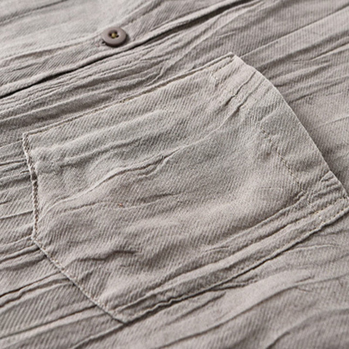 Buddha Stones Solid Langarm Stehkragen Falten Button Down Ramie Leinen Herrenhemden - image 16