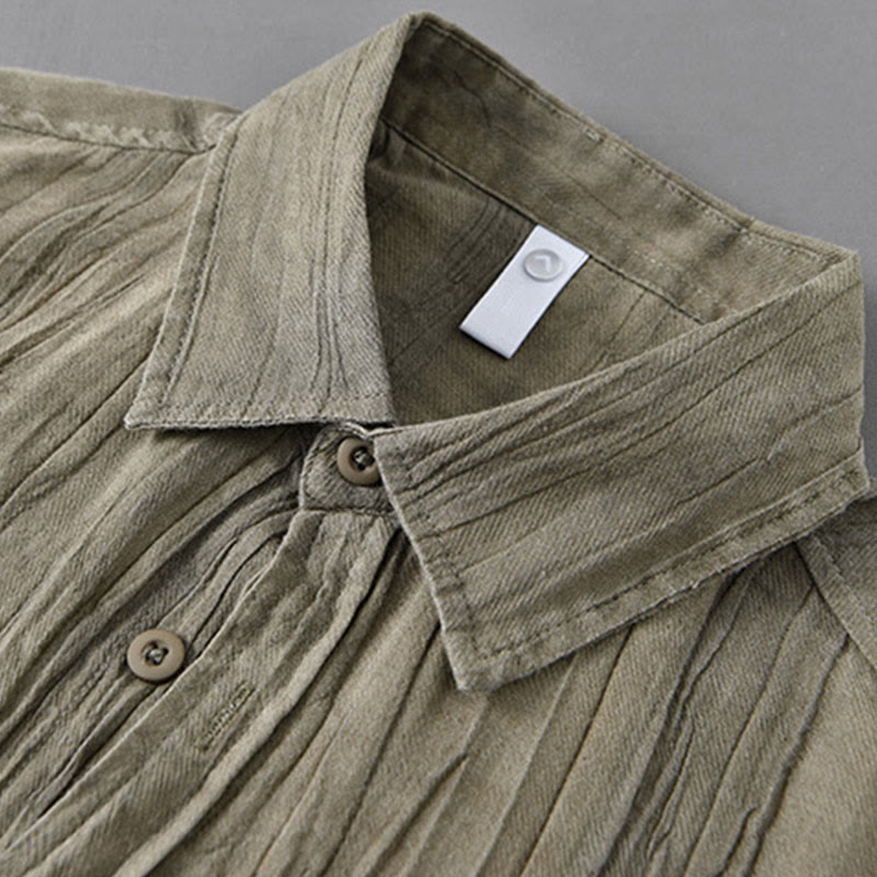 Buddha Stones Solid Langarm Stehkragen Falten Button Down Ramie Leinen Herrenhemden - image 9