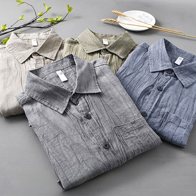 Buddha Stones Solid Langarm Stehkragen Falten Button Down Ramie Leinen Herrenhemden - image 19