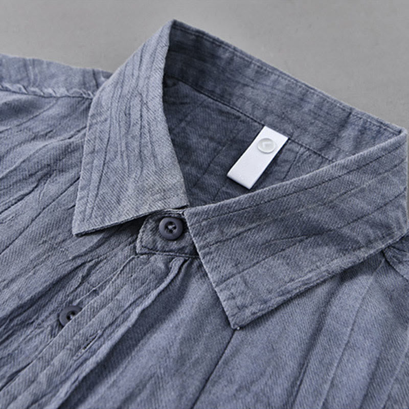 Buddha Stones Solid Langarm Stehkragen Falten Button Down Ramie Leinen Herrenhemden - image 1